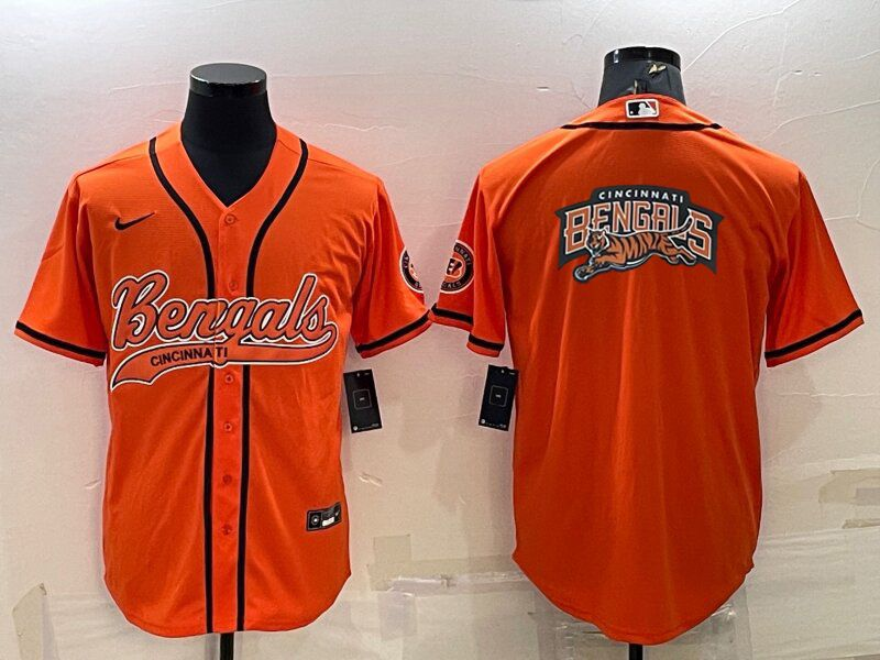 Men's Orange Cincinnati Bengals Team Big Logo With Patch Cool Base Stitched Baseball Jersey